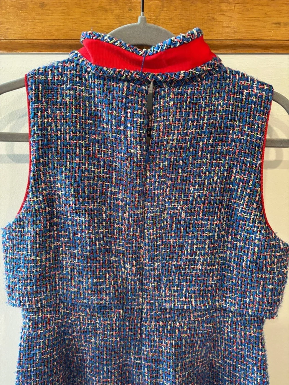 J Crew Blue Tweed Tie-neck Tank Dress in Autumn Tweed with Red Neck Tie Bow 10P